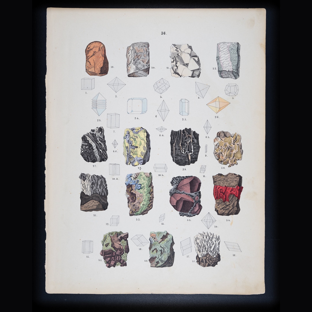 Rocks and Gems - Original Steel Engraving Hand Colored - Atlas of the ...
