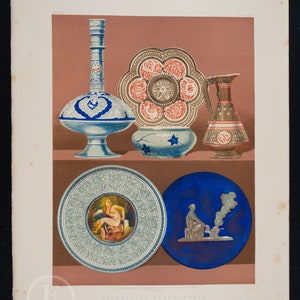 DECORATIVE EARTHENWARE - Antique authentic lithograph Masterpieces of industrial art & sculptures, 1862 - Stunning!