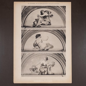 May include: A vintage print featuring three grayscale illustrations of classical figures within arched frames. The top illustration depicts two figures, the middle one a single figure, and the bottom one a figure with a globe. The text "Kalliope" and "Urania" are visible.