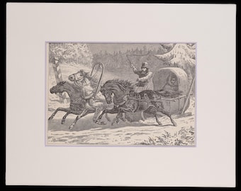 Grabado antiguo de caballo de 1886: Paseo en trineo invernal - Xilografía montada