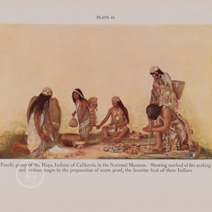 Family Group of the Hupa Indians of California in National Museum. Showing Method of Fire Making Original Color Lithograph circa 1935 image 2
