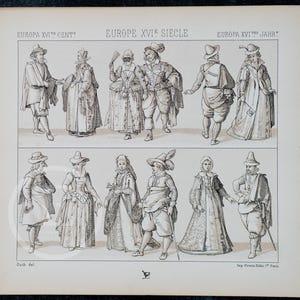 European Traditional Costumes for Men and Women from 16th Century by A.Racinet - EXQUISITE PRINT Color Lithograph 1888