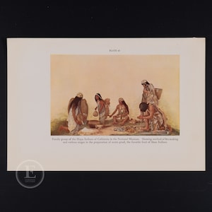 Family Group of the Hupa Indians of California in National Museum. Showing Method of Fire Making Original Color Lithograph circa 1935 image 1