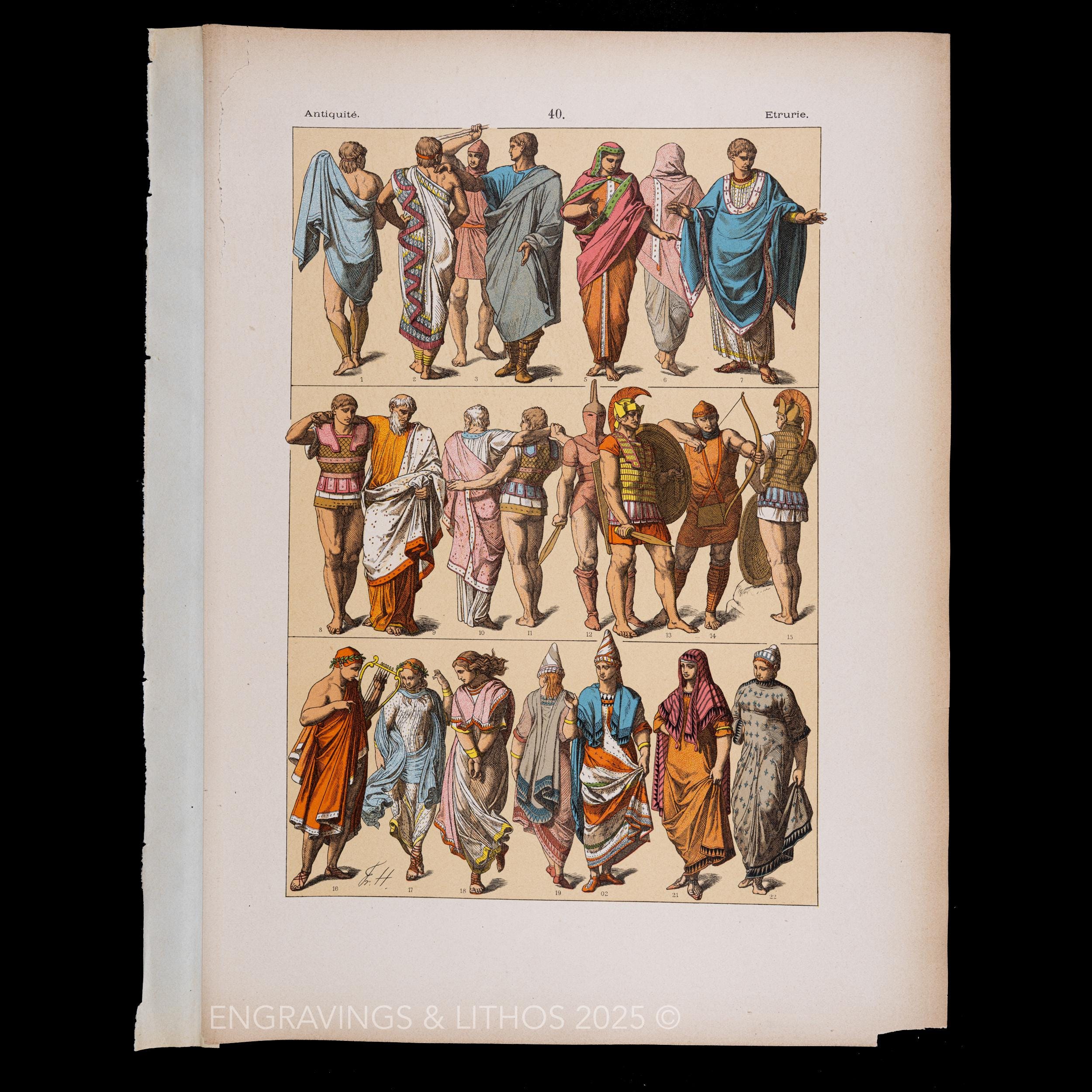 1890 ANCIENT ETRUSCAN COSTUMES – "Costume, Weapons, Utensils, and Household Objects" by Frédéric Hottenroth - Original Litho!
