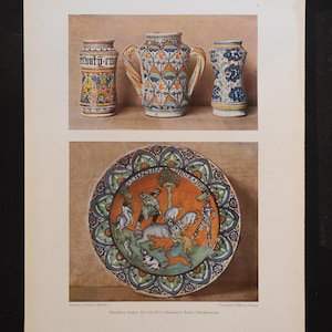 May include: An antique print featuring three decorative ceramic vases with intricate patterns in orange, blue, and white. Below, a detailed plate showcases a hunting scene with figures and animals, framed by a floral border.