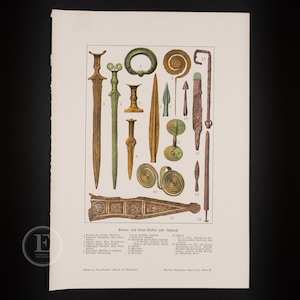 May include: An illustration of 16 bronze and iron weapons and tools from the Bronze Age. The weapons include swords, daggers, spearheads, and arrowheads. The tools include a ring, a spiral, and a hook. The illustration is labeled with numbers and descriptions in German.