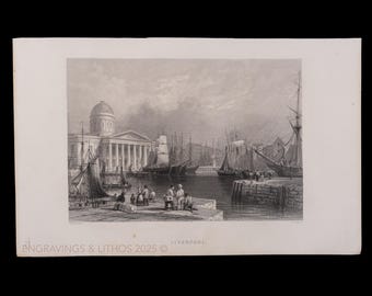 1840 LIVERPOOL, ENGLAND - Antique Print Steel Engraving – from "Scenery and Antiquities of Great Britain" - Scarce!