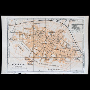1893  Map of PIACENZA, City in EMILIA-ROMAGNA, Italy - Authentic Lithograph Map, Leipzig for &quot;Italie, Manuel du Voyageur&quot; by Karl Baedeker