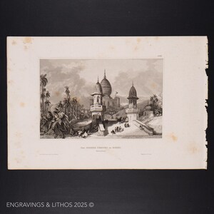 May include: A black and white engraving of a mosque in India. The mosque has a large dome and two minarets. There are palm trees and other foliage in the foreground.