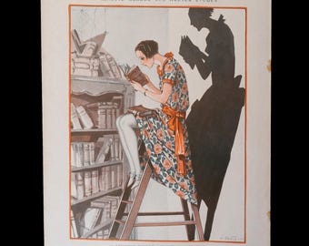1924 Flapper Woman Reading on a Library Ladder casting Dramatic Shadow by G. Pavis – ONE PAGE Original La Vie Parisienne Print