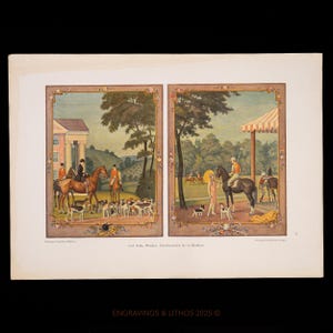 May include: Two framed vintage prints depicting equestrian scenes. The left print shows riders on horseback with hounds, and the right print shows a polo match. The prints have ornate floral borders and are set against a backdrop of a lush landscape.