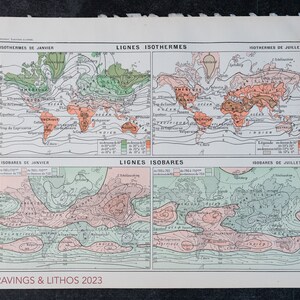 Isothermals and Isobars Lines: January and July  from &quot;Le Noveau Larousse Illustré Edition&quot; - Original page.