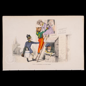 May include: A vintage illustration depicting a humorous scene of a fox dressed in a military uniform climbing a ladder to a window labeled "Pensionnat de Jeunes Demoiselles" while a monkey dressed in a military uniform holds a bucket and looks on. The text "Voulez au Portier" is visible on a small window below the main window.