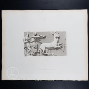1820  APOLLO and DIANA in a Car Drawn by Stags - Collection of Ancient Marbles - Exquisite Original Steel Engraving - (204 Years Old)