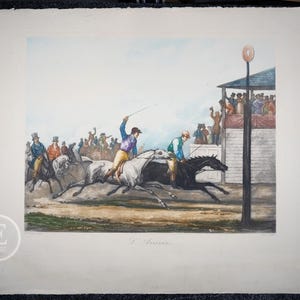 ORIGINAL ETCHING - Jean Pierre Marie Jazet (1788-1871) - Horse race titled L’Arrivée / Authentic color engraving - Scarce!