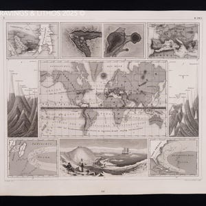 Puede incluir: Una impresión antigua de un mapa del mundo en escala de grises, con ilustraciones detalladas de continentes, océanos y detalles geográficos. La impresión incluye mapas más pequeños y el texto "ENGRAVINGS & LITHOS 2025".