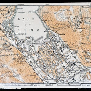 1893 Karte von COMO, Stadt in der LOMBARDIE in NordITALIEN - Authentische Lithographie, Leipzig für 'Italie, Manuel du Voyageur' von Karl Baedeker