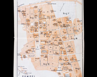 1893  Map of POMPEII, Ancient City near NAPLES, ITALY - Authentic Lithograph Map, Leipzig for "Italie, Manuel du Voyageur" by Karl Baedeker