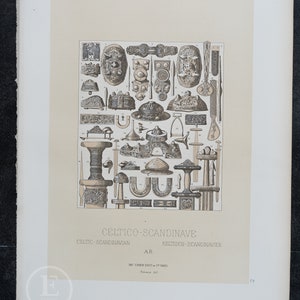May include: A black and white illustration of Celtic-Scandinavian artifacts, including swords, shields, helmets, and jewelry. The image is labeled "CELTICO-SCANDINAVE" and "CELTIC-SCANDINAVIAN".