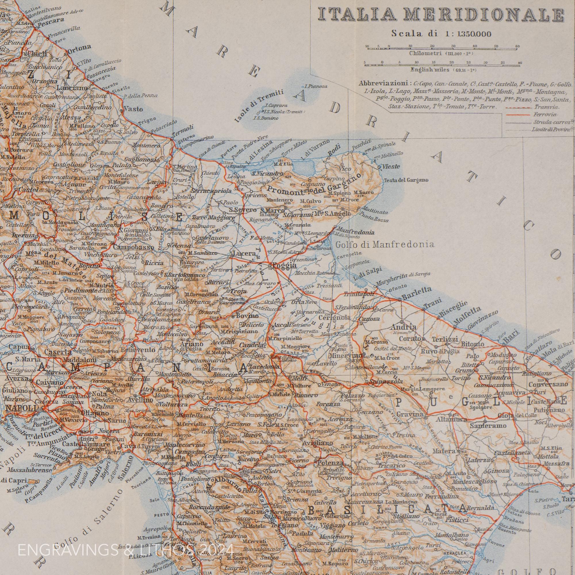 1893年のアンティーク地図：南イタリア - ベデカーのオリジナル