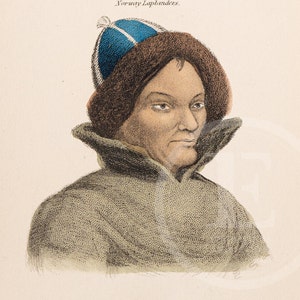 May include: A portrait of a person wearing a brown fur-lined coat and a blue and white hat. The person has a serious expression and is looking directly at the viewer. The text "Norway Laplanders." is written above the person's head.