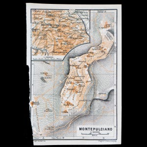 1893, Karte von MONTEPULCIANO, Stadt in der Toskana in Italien - Authentische Lithographie, Leipzig für 'Italie, Manuel du Voyageur' von Karl Baedeker