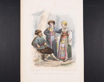 1834 Campesino ruso y mujeres tártaras y finlandesas: grabado coloreado a mano: “El viajero de la juventud por las cinco partes del mundo”.