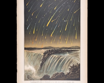 Shooting star shower in North America the night from November, 1833" - VERY RARE ORIGINAL from a German astronomy book from 1888