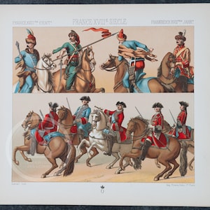 Französische Militär Kavallerie aus dem 18.Jh. von A.Racinet - EXQUISITE PRINT Farb Lithographie 1888