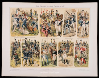 1897 EUROPEAN MILITARY UNIFORMS - Original color lithography from Meyers Konversations-Lexikon