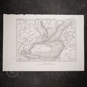 Mapa de la Corriente del Golfo del Atlántico Norte - Litografía original - ilustración para el libro de Amédée Guillemin "Le Monde Physique" de 1885