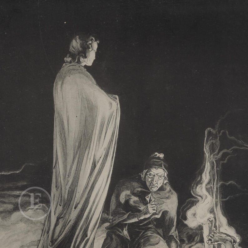 May include: A black and white illustration of a woman in a long robe standing in front of a man sitting by a fire. The woman is looking at the man, and the man is looking down at his hands.