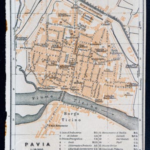 1893 Karte von PAVIA, Stadt in der LOMBARDEI im Norden ITALIENs - Authentische Lithographie-Karte, Leipzig für 'Italie, Manuel du Voyageur' von Karl Baedeker