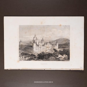May include: A black and white architectural engraving on paper depicting the El Escorial monastery complex in Spain, featuring a large central dome, multiple towers, and surrounding hills, with the text EL ESCORIAL printed below the image.