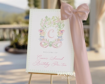 Tea For Two Second Birthday Welcome Sign | Pink Watercolour Par-Tea Printable | Afternoon Tea Party Sign | Custom Monogram Crest