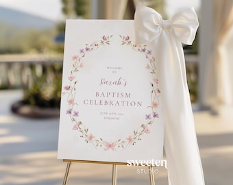 Wildflower Baptism Welcome Sign Template | Printable Floral Baptism Sign | Editable Girl Baptism Sign | Pink Christening Sign