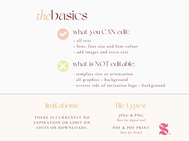 Overview of editable and non-editable features for a Canva template. Includes a checklist of what can be customized—such as text, background, font, and colors—as well as limitations like fixed template size and border. Also highlights file types (JPEG, PNG, PDF) and that there’s no expiration on edits or downloads.