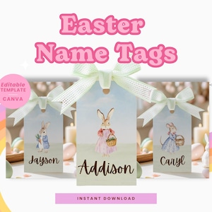 Peut inclure: Trois étiquettes de nom de Pâques imprimables avec des illustrations de lapins et de poussins. Les étiquettes sont décorées de couleurs pastel et d'un ruban vert. Le texte sur les étiquettes indique "Jayson", "Addison" et "Caryl".