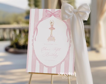 Ballerina Birthday Welcome Sign, Pink Watercolour Ballet Printable, Dance and Twirl Party Poster (Editable Digital Download)