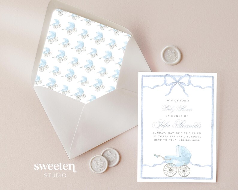 Sweeten Studio's template which includes a soft pastel blue watercolor background with a subtle fabric texture, a carriage, and a delicate blue ribbon-style border, sized for a 5x7 baby shower invitation.