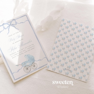 Sweeten Studio's template which includes a soft pastel blue watercolor background with a subtle fabric texture, a carriage, and a delicate blue ribbon-style border, sized for a 5x7 baby shower invitation.
