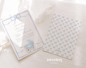 Blue Bow Baby Shower Invitation Template Printable | Instant Download | Editable Watercolor Carriage Invite | Light Blue Baby Sprinkle