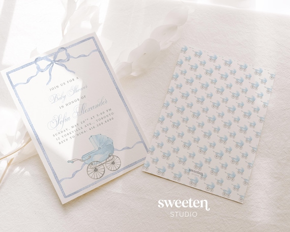 Blue Bow Baby Shower Invitation Template Printable | Instant Download | Editable Watercolor Carriage Invite | Light Blue Baby Sprinkle