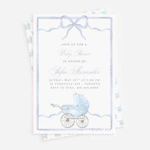 Sweeten Studio's template which includes a soft pastel blue watercolor background with a subtle fabric texture, a carriage, and a delicate blue ribbon-style border, sized for a 5x7 baby shower invitation.