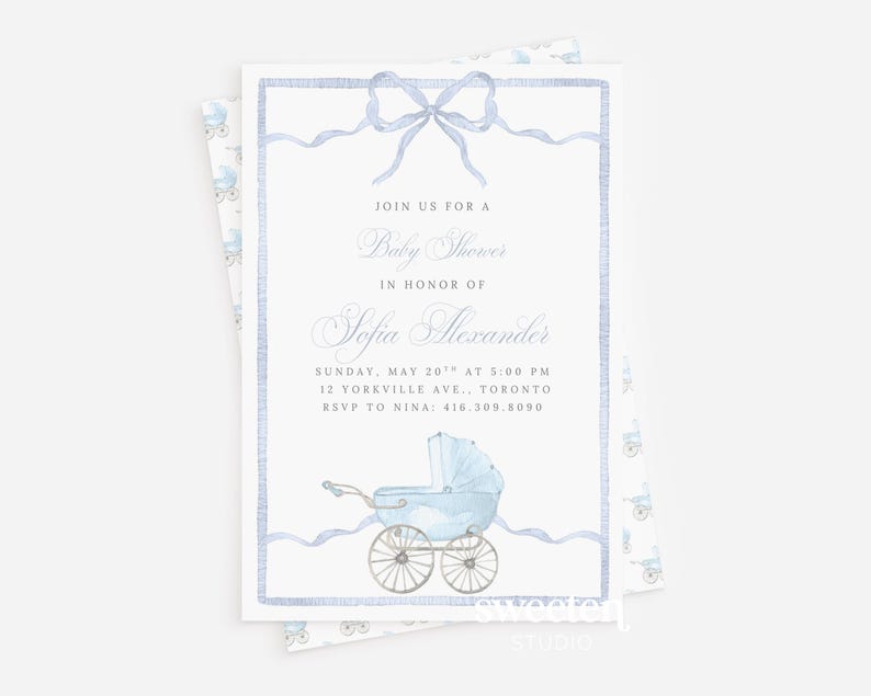 Sweeten Studio's template which includes a soft pastel blue watercolor background with a subtle fabric texture, a carriage, and a delicate blue ribbon-style border, sized for a 5x7 baby shower invitation.