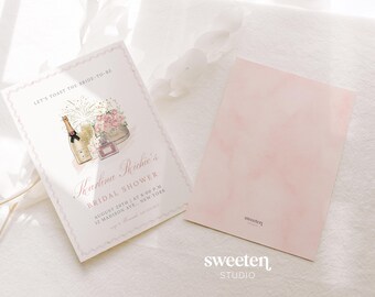 Champagne Bridal Shower Invitation, Pink Watercolor Brunch and Bubbly Invite (Canva Template, Digital Download)