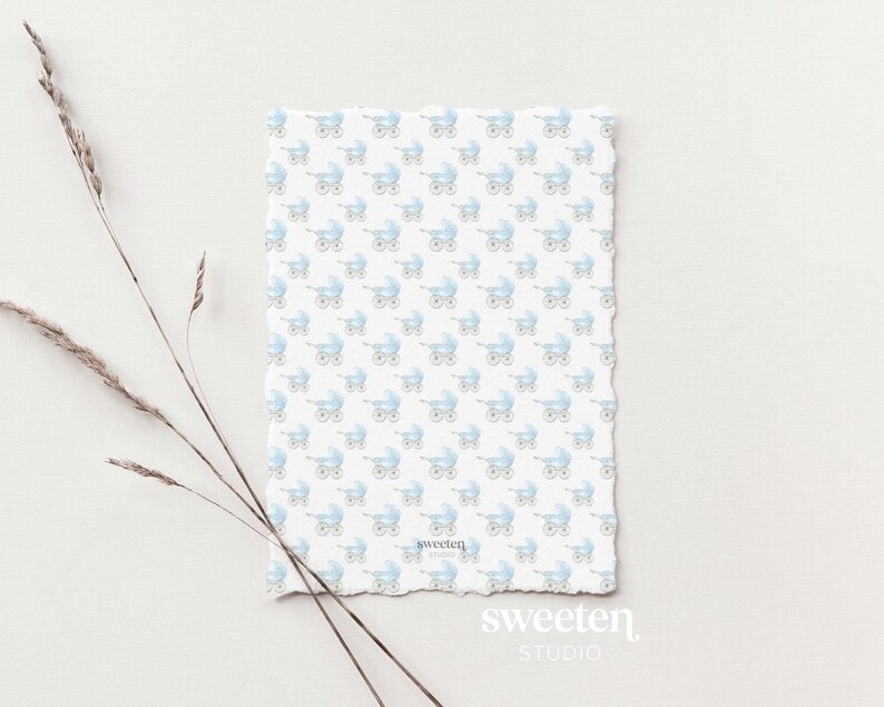 Sweeten Studio's template which includes a soft pastel blue watercolor background with a subtle fabric texture and a delicate blue ribbon-style border, sized for a 5x7 baby shower invitation.