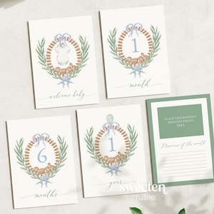 Cartes d'étape mensuelles pour bébé garçon | 5 x 7 | Ma première année | Cadeau souvenir pour nouveau-né | Écusson vert aquarelle | Imprimable à téléchargement immédiat