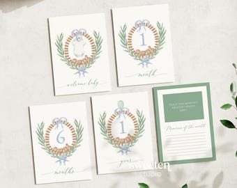 Baby Boy Monthly Milestone Cards | 5x7 | My First Year | Newborn Baby Keepsake Gift | Watercolor Green Crest  | Instant Download Printable