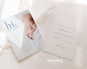 Blue Baby Boy Baby Birth Announcement, 5x7 Arrival Card Printable & Mobile Newborn Reveal (Canva Template, Digital Download)